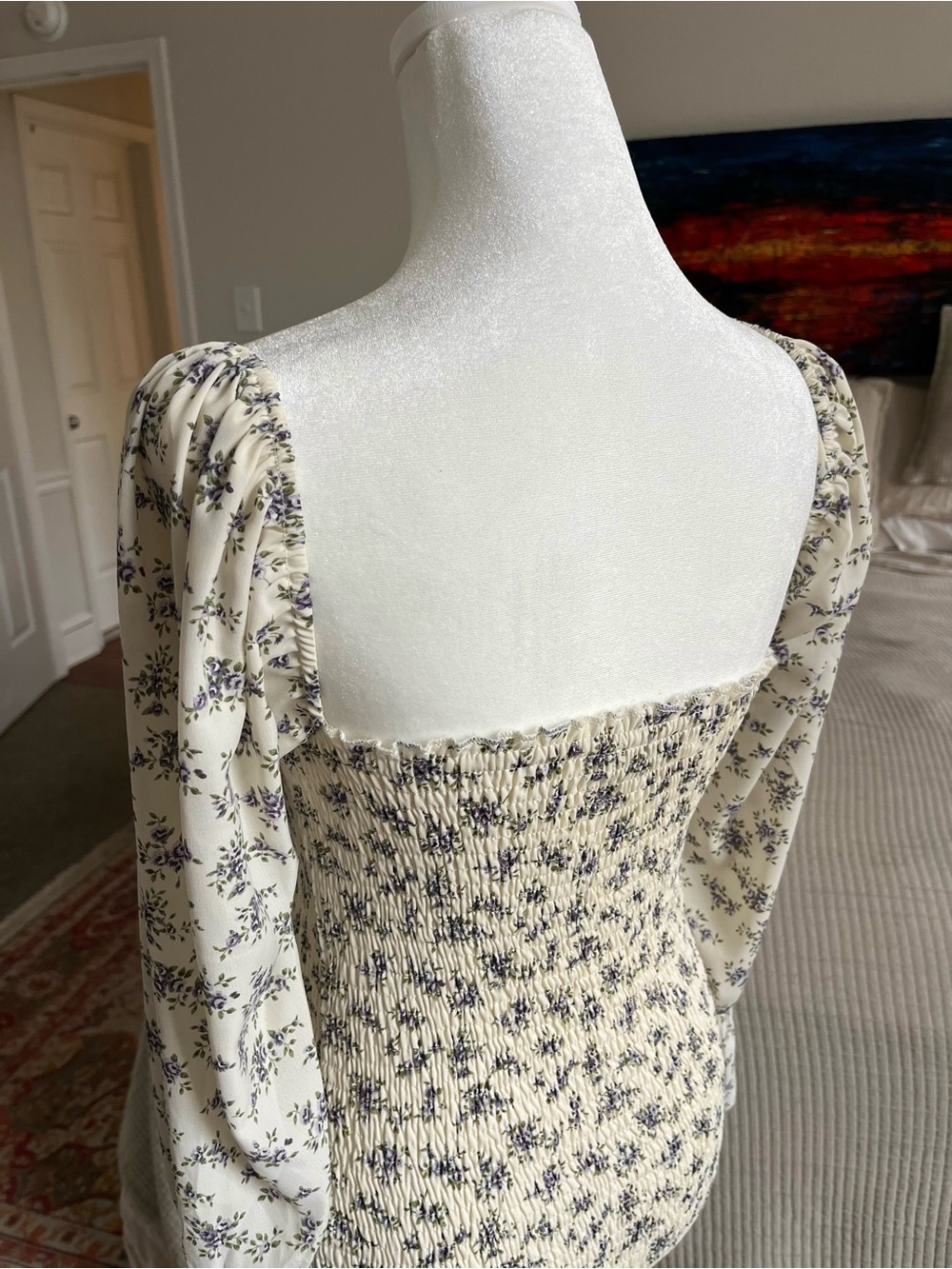 Smocked Floral Long-Sleeve Mini Dress - Cream/Purple - Picture 5 of 9
